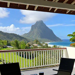 Caribbean Holidays, Cheap Dominica March, Comfortable small hotel terrace overlooking tropical hills and the Caribbean Sea in Dominica