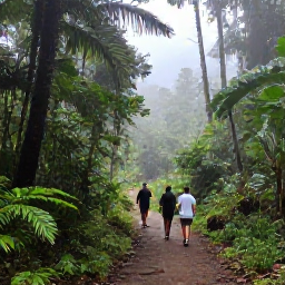 Caribbean Holidays, Cheap Dominica March, Travellers walking through a misty tropical rainforest trail near Trafalgar Falls in Dominica