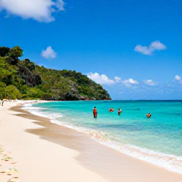 Caribbean Holidays, Cheap Dominica May, Calm black-sand beach and clear Caribbean water on Dominica with snorkellers near the shore