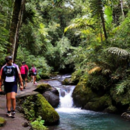 Caribbean Holidays, Cheap Dominica May, Hikers walking through dense Dominica rainforest beside a clear waterfall and volcanic stream
