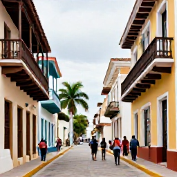 Caribbean Holidays, Cheap Dominican Holidays, Colourful colonial street in Santo Domingo, Dominican Republic, with historic buildings, balconies, palm trees and visitors exploring on foot