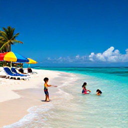 Caribbean Holidays, Cheap Dominican Holidays, Family-friendly Dominican Republic beach with shallow clear water, sun loungers, colourful beach umbrellas and children playing safely near the shore