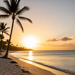 Caribbean Holidays, Cheap Dominican Holidays, Golden sunset over a Dominican Republic beach with palm trees and calm turquoise water