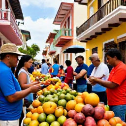 Caribbean Holidays, Cheap Dominican Holidays, Local Dominican street market with colourful fruit, friendly vendors and visitors exploring Santo Domingo