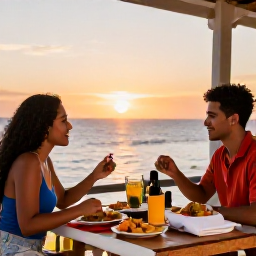 Caribbean Holidays, Cheap Dominican Holidays, Relaxed couple enjoying a colourful Dominican meal at a casual seaside restaurant at sunset