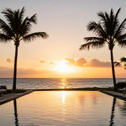 Caribbean Holidays, Cheap Dominican Holidays, Relaxed sunset scene at a Dominican Republic resort, with palm trees, a calm swimming pool and warm golden light over the Caribbean Sea