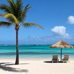Caribbean Holidays, Cheap Dominican Holidays, Sunny white-sand beach in Punta Cana, Dominican Republic, with palm trees, clear turquoise water and relaxed holidaymakers