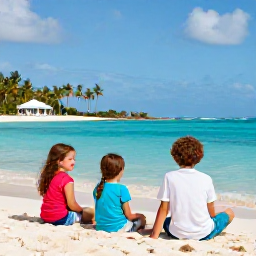 Caribbean Holidays, Cheap Family Holidays, A happy family relaxing on a bright Caribbean beach with calm turquoise water, soft sand and palm trees