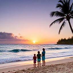 Caribbean Holidays, Cheap Family Holidays, Family watching a colourful Caribbean sunset from a peaceful beach, with gentle waves and silhouettes of palm trees