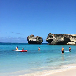 Caribbean Holidays, Cheap February Aruba, Aruba beach with snorkellers, paddleboards, calm clear water and dramatic rocky coastline under a blue sky