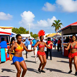 Caribbean Holidays, Cheap February Aruba, Aruba carnival street celebration in February, with colourful costumes, music, dancing, local food stalls and cheerful crowds under a blue sky