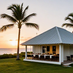 Caribbean Holidays, Cheap February Aruba, Budget-friendly Aruba holiday scene with a simple hotel, local restaurant, palm trees and a sunset over the Caribbean Sea