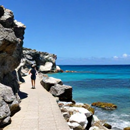 Caribbean Holidays, Cheap February Bermuda, Bermuda coastal walking trail beside rugged cliffs and turquoise sea, with a lone traveller enjoying the clear February day