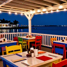 Caribbean Holidays, Cheap February Bermuda, Relaxed Bermuda waterfront restaurant with local seafood, colourful tables and evening lights overlooking the harbour