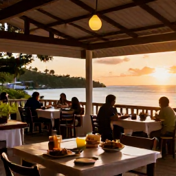 Caribbean Holidays, Cheap February Grenada, Friendly open-air restaurant in Grenada serving fresh Caribbean food at sunset, relaxed tables and warm evening light