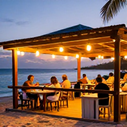 Caribbean Holidays, Cheap February Grenada, Relaxed Grenada evening with a simple beachfront restaurant, local Caribbean dishes, warm lights and a calm sea at sunset