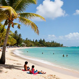 Caribbean Holidays, Cheap February Grenada, Relaxed travellers swimming and sunbathing at Grand Anse Beach, Grenada, with palm trees and clear Caribbean water