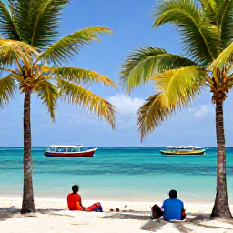 Caribbean Holidays, Cheap February Grenada, Travellers relaxing on Grand Anse Beach, Grenada, with palm trees, clear water and colourful local boats in the background