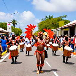 Caribbean Holidays, Cheap February Guadeloupe, Colourful Guadeloupe Carnival parade with dancers, elaborate costumes, drums and cheerful crowds in a town street