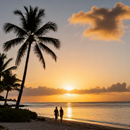 Caribbean Holidays, Cheap February Guadeloupe, Golden sunset over a Guadeloupe beach with calm sea, palm silhouettes and a couple walking along the shore