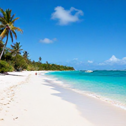Caribbean Holidays, Cheap February Guadeloupe, Grande-Terre Guadeloupe coast with white sand beach, clear lagoon, small boats and tropical vegetation