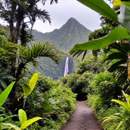 Caribbean Holidays, Cheap February Guadeloupe, Hiking trail through lush Guadeloupe rainforest leading towards a waterfall, with tropical plants and volcanic mountains