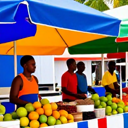 Caribbean Holidays, Cheap February Guadeloupe, Outdoor market in Guadeloupe with tropical fruit, spices, local produce and friendly traders under colourful awnings