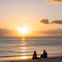 Caribbean Holidays, Cheap February Guadeloupe, Relaxed Guadeloupe beach at sunset with warm golden light, calm Caribbean sea and a couple sitting near the shore