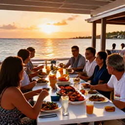 Caribbean Holidays, Cheap February Holidays, A casual Cayman Islands beach restaurant at sunset with grilled seafood, local dishes and diners enjoying an informal meal