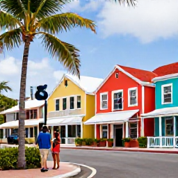 Caribbean Holidays, Cheap February Holidays, A couple exploring George Town in Grand Cayman, colourful buildings, palm trees and a relaxed Caribbean street scene
