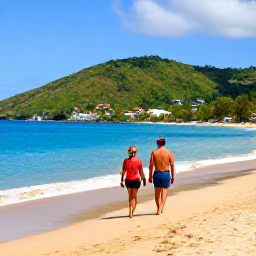 Caribbean Holidays, Cheap February Holidays, A couple walking along a golden beach near Rodney Bay, Saint Lucia, with green hills and clear blue sea