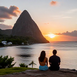 Caribbean Holidays, Cheap February Holidays, A couple watching the sunset over Saint Lucia&rsquo;s Caribbean coastline from a quiet viewpoint