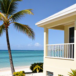 Caribbean Holidays, Cheap February Holidays, Affordable seaside accommodation near a Caribbean beach in St Thomas, with a simple balcony, palm trees and clear blue water
