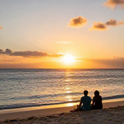 Caribbean Holidays, Cheap February Holidays, Barbados sunset over the sea with a couple sitting on the beach and warm golden light across the shore