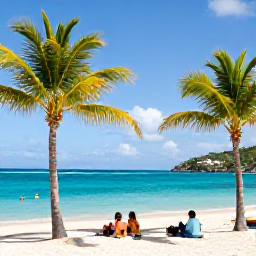 Caribbean Holidays, Cheap February Holidays, Bright February morning over a turquoise Caribbean beach on St Thomas, U.S. Virgin Islands, with palm trees and a few relaxed visitors