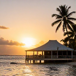 Caribbean Holidays, Cheap February Holidays, Caribbean sunset over Saint Kitts coastline, with a small waterfront restaurant, warm evening light and palm silhouettes