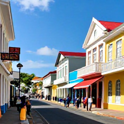 Caribbean Holidays, Cheap February Holidays, Colourful Basseterre street with historic colonial buildings, local shops and people exploring in bright February sunshine