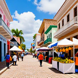 Caribbean Holidays, Cheap February Holidays, Colourful Dominican Republic street scene with local market stalls, tropical fruit, friendly atmosphere and colonial-style buildings