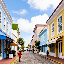 Caribbean Holidays, Cheap February Holidays, Colourful historic Caribbean street in Charlotte Amalie, St Thomas, with pastel buildings, local shops and people exploring