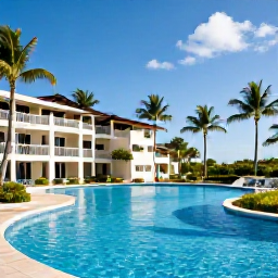 Caribbean Holidays, Cheap February Holidays, Comfortable affordable Dominican Republic resort hotel with swimming pool, palm trees and bright February sunshine