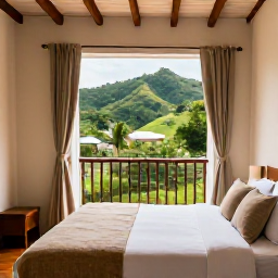 Caribbean Holidays, Cheap February Holidays, Comfortable small Caribbean guesthouse room with balcony overlooking green Dominica hills
