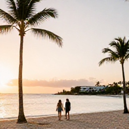 Caribbean Holidays, Cheap February Holidays, Couple walking on a palm-fringed Dominican Republic beach at sunset, with warm light, calm sea and distant resort coastline