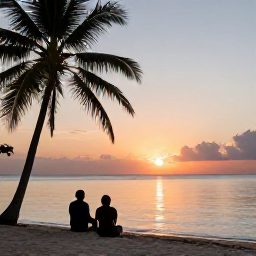 Caribbean Holidays, Cheap February Holidays, Couple watching sunset from a quiet Saint Kitts beach, with calm sea, warm sky and silhouettes of palm trees