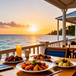 Caribbean Holidays, Cheap February Holidays, Friendly Cura&ccedil;ao restaurant terrace at sunset with local seafood, colourful dishes and relaxed holiday atmosphere