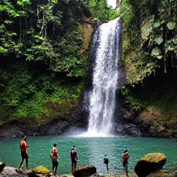 Caribbean Holidays, Cheap February Holidays, Hikers walking through dense Dominica rainforest beside a waterfall and emerald pool