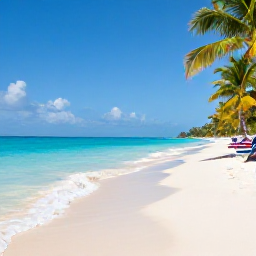 Caribbean Holidays, Cheap February Holidays, Peaceful Caribbean beach on Bequia in February with palm trees, clear shallow water and a few sun loungers