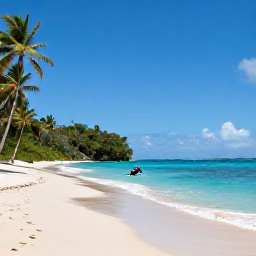 Caribbean Holidays, Cheap February Holidays, Quiet black-sand beach on Dominica with palm trees, turquoise water and a snorkeller offshore