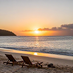 Caribbean Holidays, Cheap February Holidays, Quiet Caribbean beach at sunset on Saint Vincent and the Grenadines with loungers and gentle waves