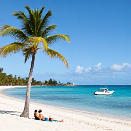 Caribbean Holidays, Cheap February Holidays, Relaxed beach scene on Tortola with palm trees, calm turquoise water, a small boat and travellers enjoying the February sunshine