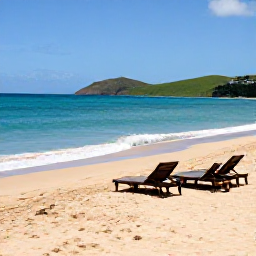 Caribbean Holidays, Cheap February Holidays, Relaxed Caribbean beach on Nevis with golden sand, turquoise sea, sun loungers and low green hills in the distance